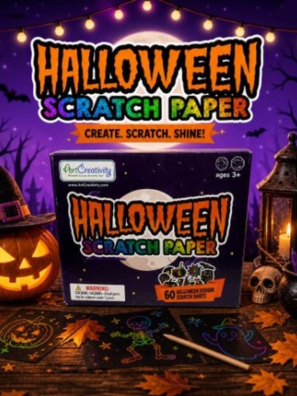 ArtCreativity Halloween Crafts Bulk Scratch Art Kit – 60 Sets